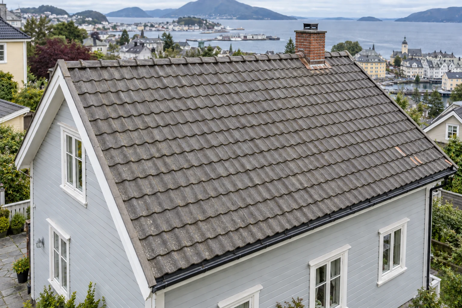 Rengjorte grå betongtakstein med eldre overflate bevart.