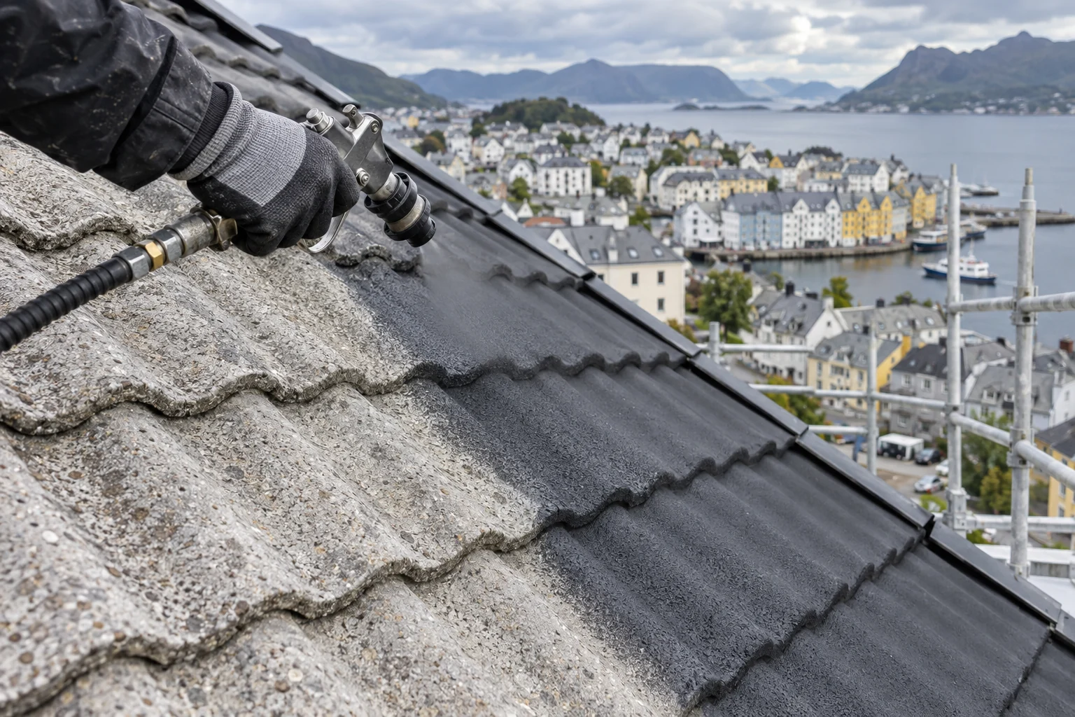 Takmaling påføres med sprøyte over rengjorte og forbehandlede takstein.