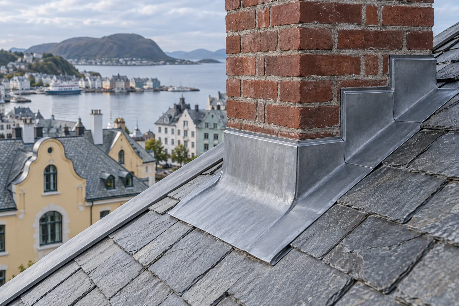 Metallbeslag rundt foten av en murpipe på et skifertak.