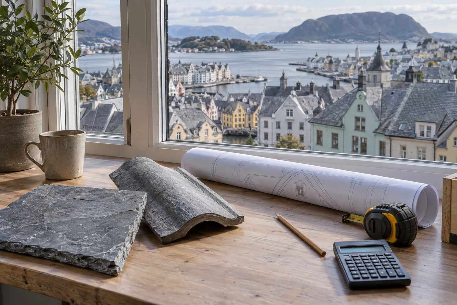 Takmaterialer, en taktegning, målebånd og kalkulator på et bord.