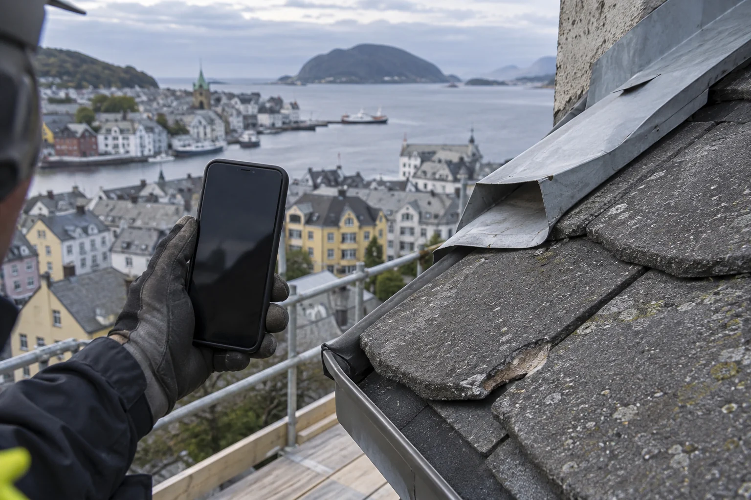 En takskade dokumenteres med telefon; et metallbeslag er bøyd ut fra underlaget.