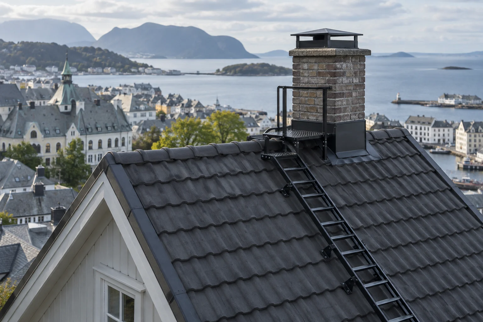 Takstige fører til en plattform med rekkverk ved pipa.