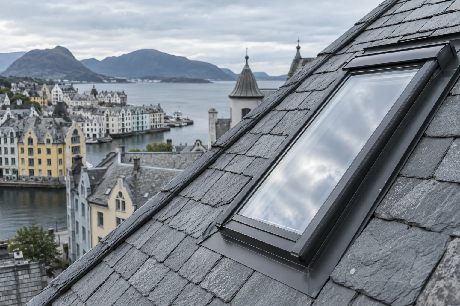 Takvindu med metallinndekning i et skifertak.