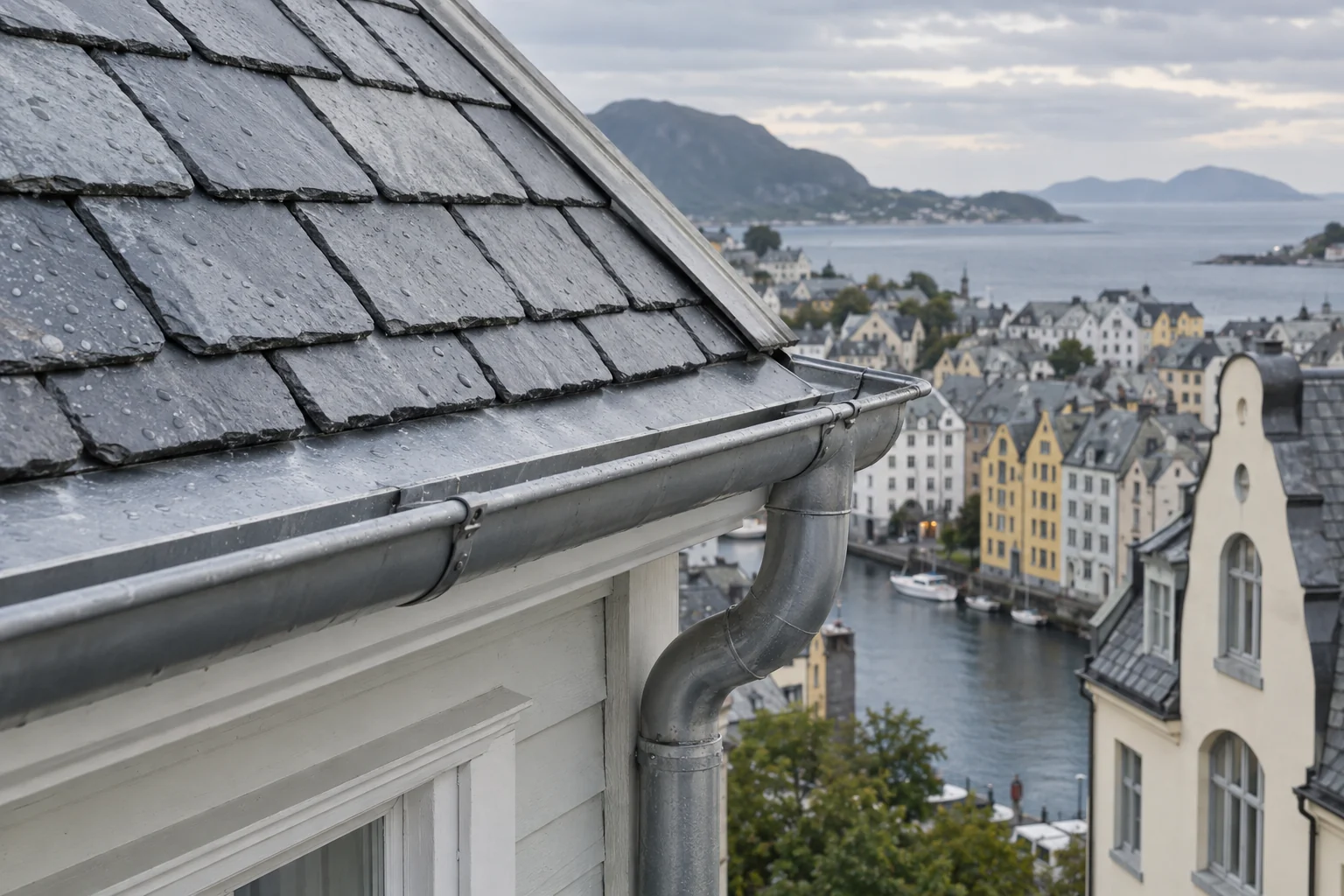 Nærbilde av takfotbeslag, takrenne og nedløp ved et hushjørne.