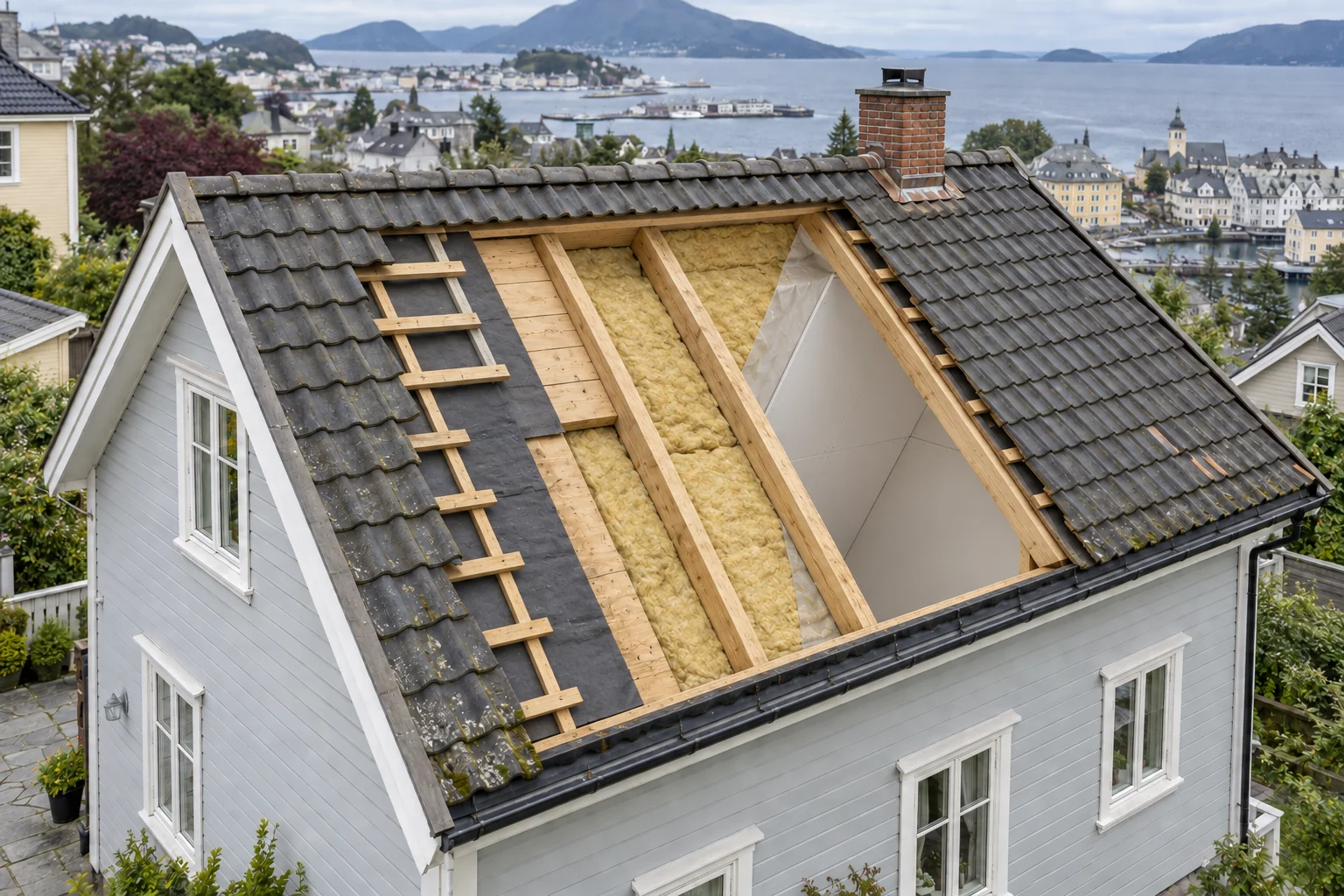 Et åpnet skråtak viser tekking, lekter, undertak og den isolerte konstruksjonen under.